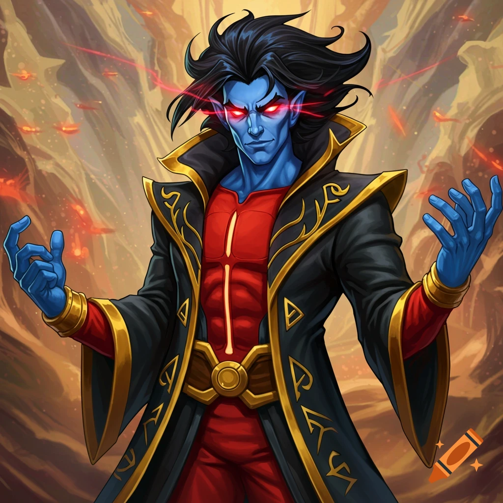 A blue-skinned man with glowing red eyes and black robe casting magic