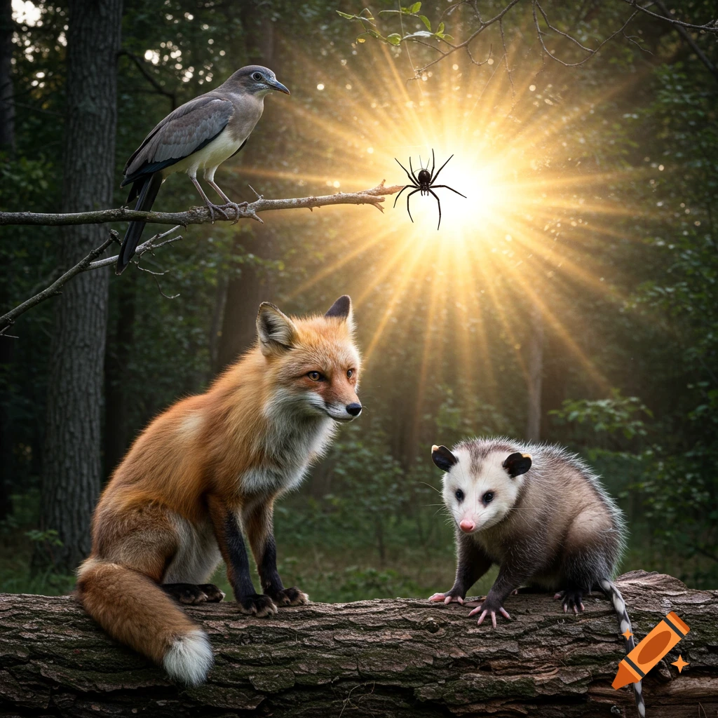 A fox, opossum, bird, and spider sit on a log in a forest with sun rays forming a web pattern.