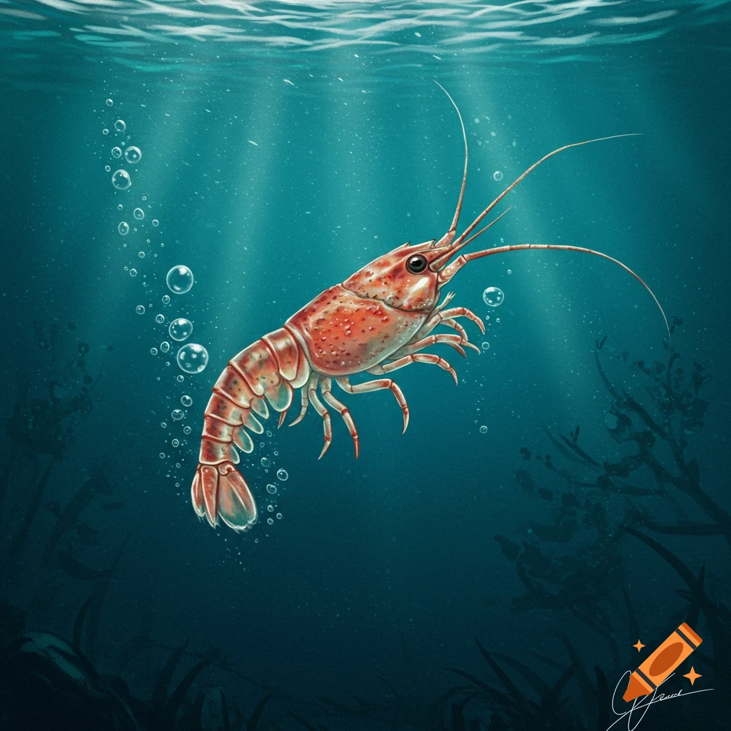 A red shrimp swimming underwater with bubbles.
