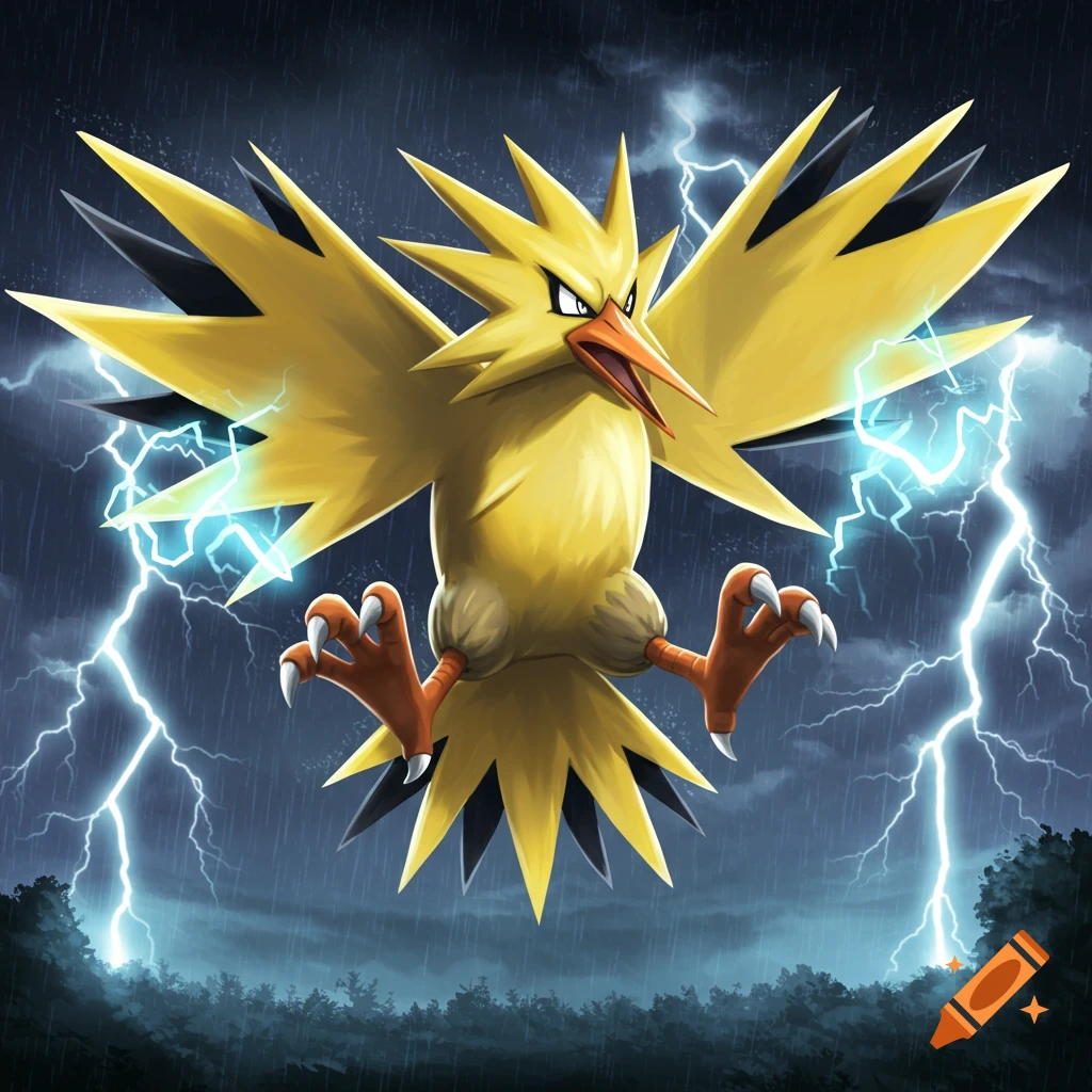 A drawing of Zapdos flying through a thunderstorm