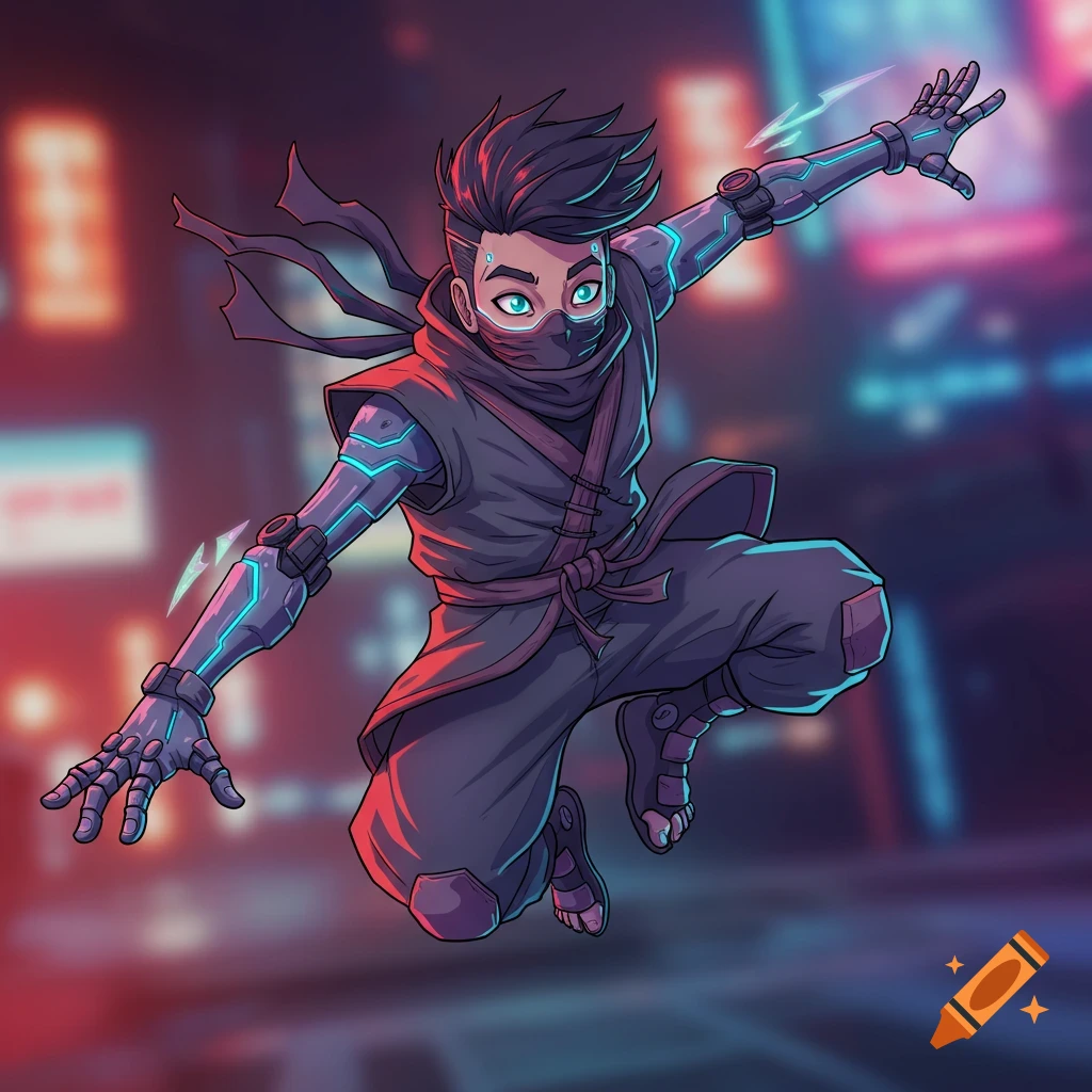 A stylized cybernetic ninja leaps forward against a neon city background.