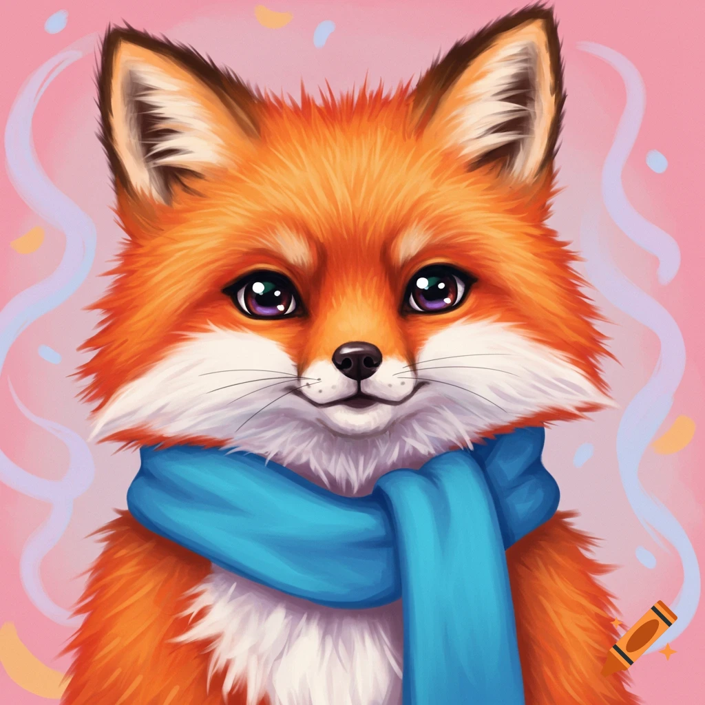 A cute fox wearing a blue scarf