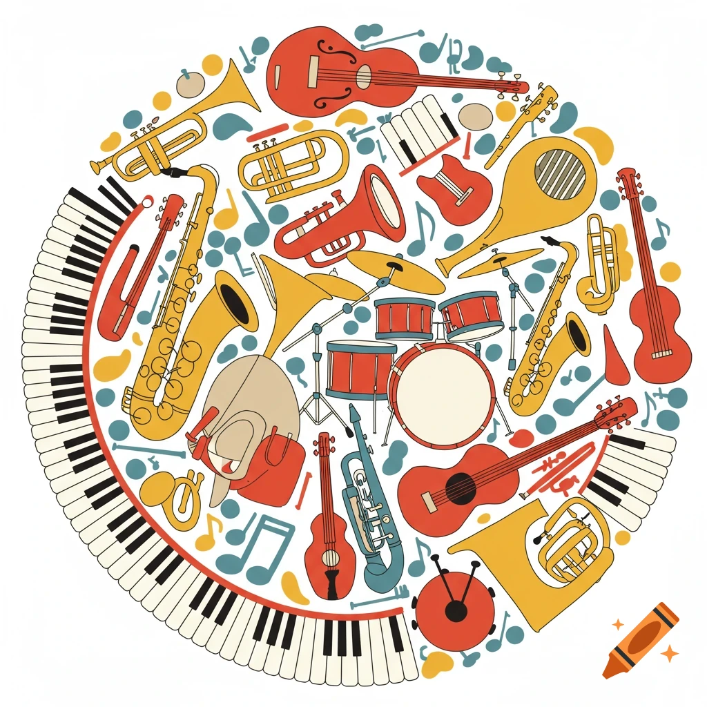 Simple illustration of musical instruments and notes arranged in a circle.