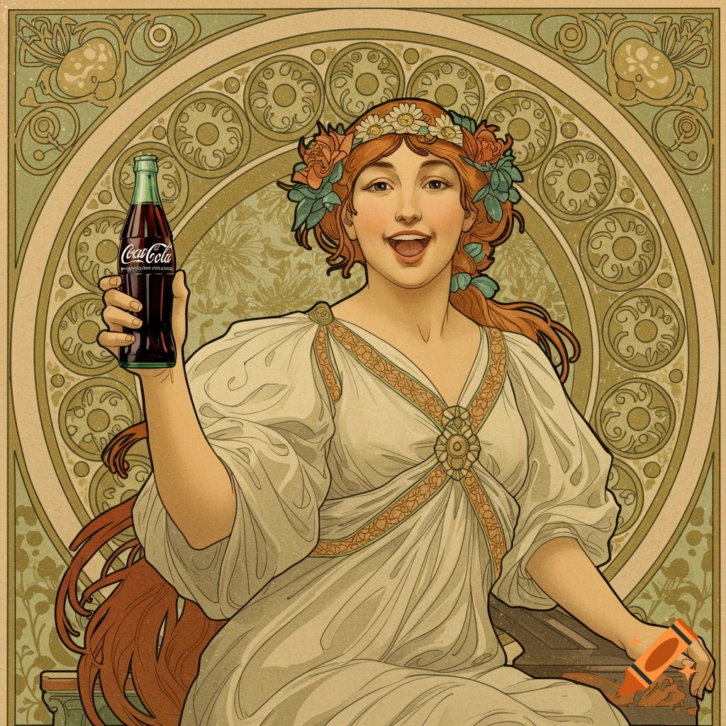 Art Nouveau illustration of a woman holding a Coca-Cola bottle against an ornate background.
