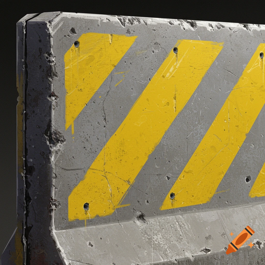 A detailed close-up of a weathered concrete barrier with yellow diagonal stripes.