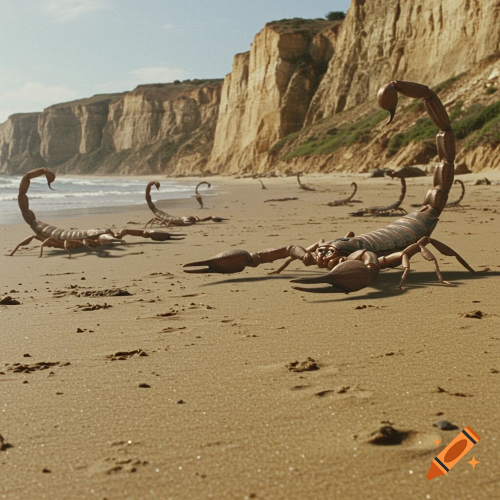 Giant CGI scorpions on a barren beach with cliffs in the background.