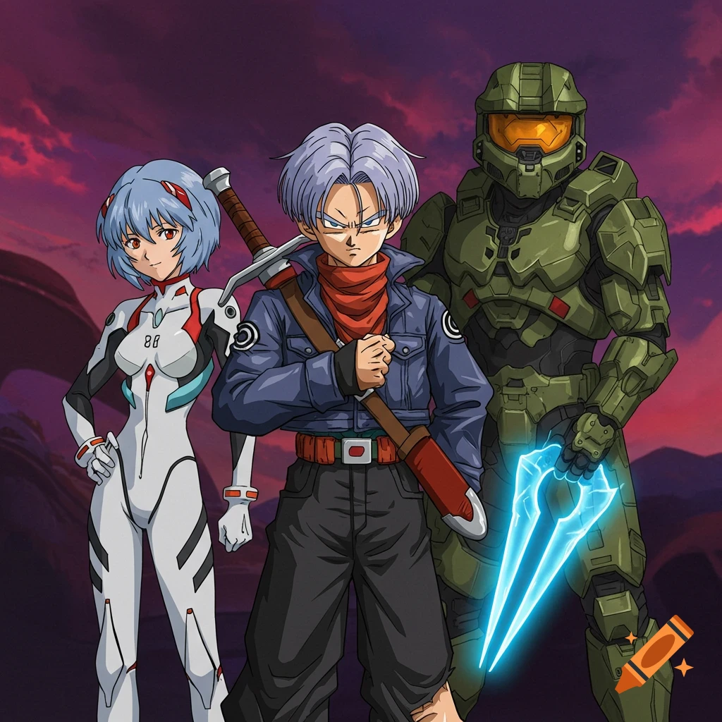 Rei Ayanami, Future Trunks, and Master Chief pose together.