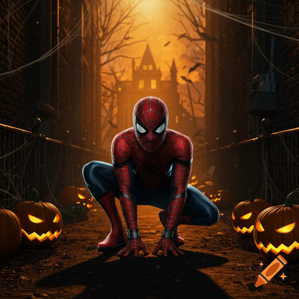 Spider-Man crouches in a spooky Halloween alley lined with glowing jack-o'-lanterns.