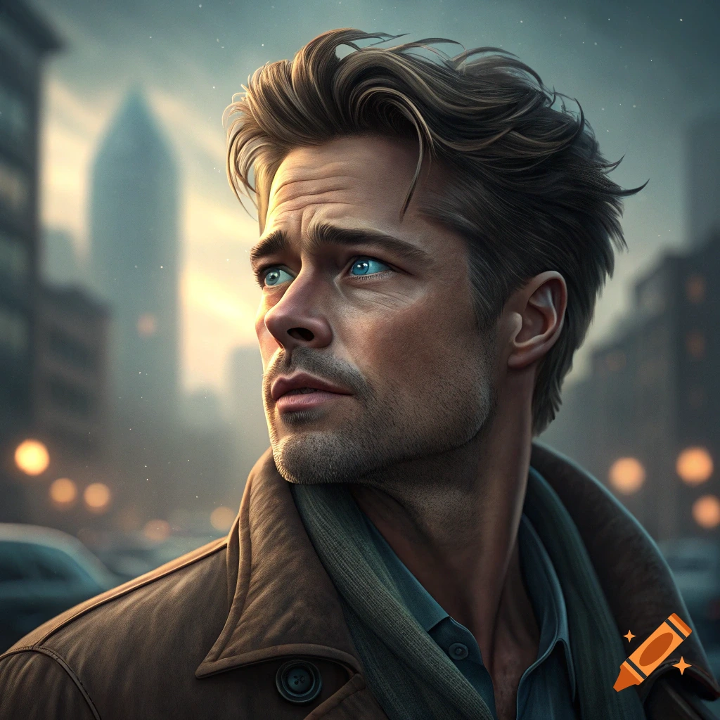 Close-up portrait of a man resembling Brad Pitt in a brown coat, looking up in a city.