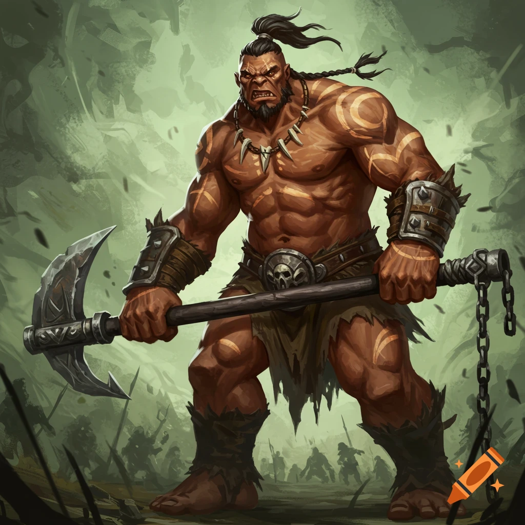 A fierce muscular barbarian with tribal markings holding a large axe, standing over a battlefield.