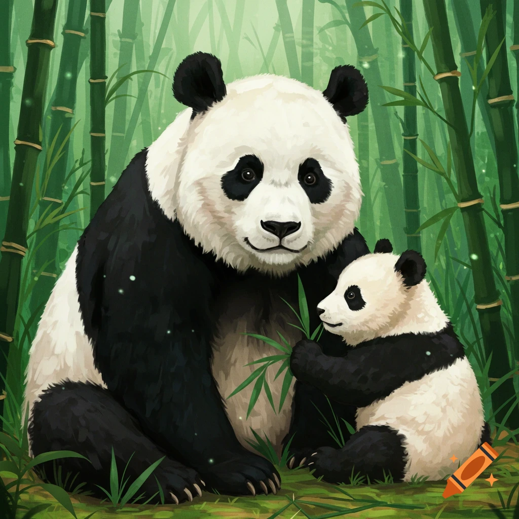 A large panda and a small panda sitting in a bamboo forest.