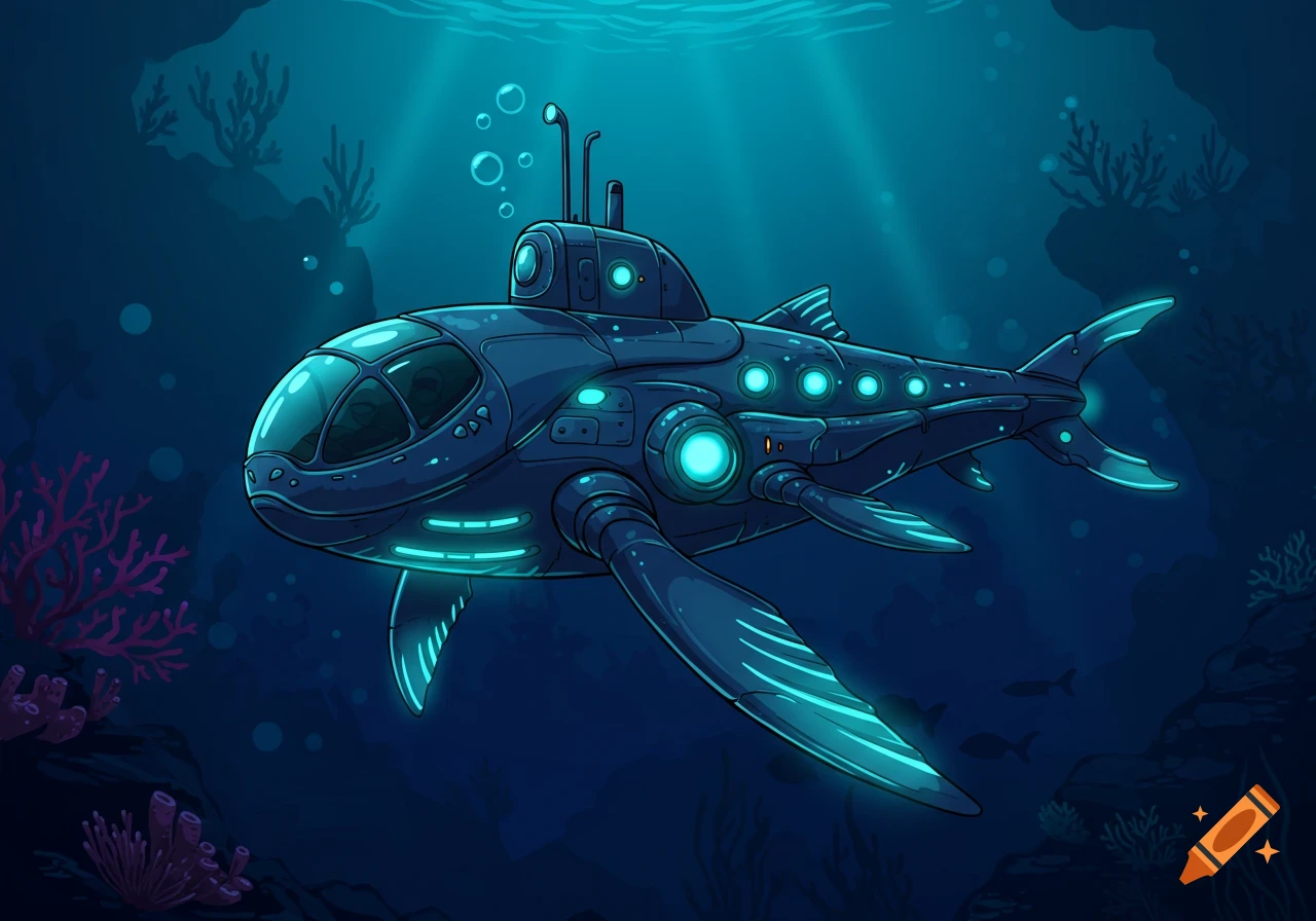 A blue fish-shaped submarine underwater with coral and rays of light in vector art style.