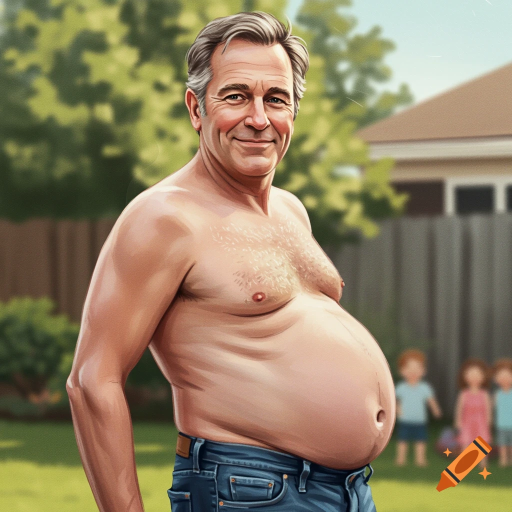 A smiling middle-aged man with a large belly in a backyard.