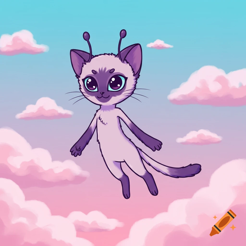 A cartoon Siamese cat with alien antennae floats in a pink cloudy sky.