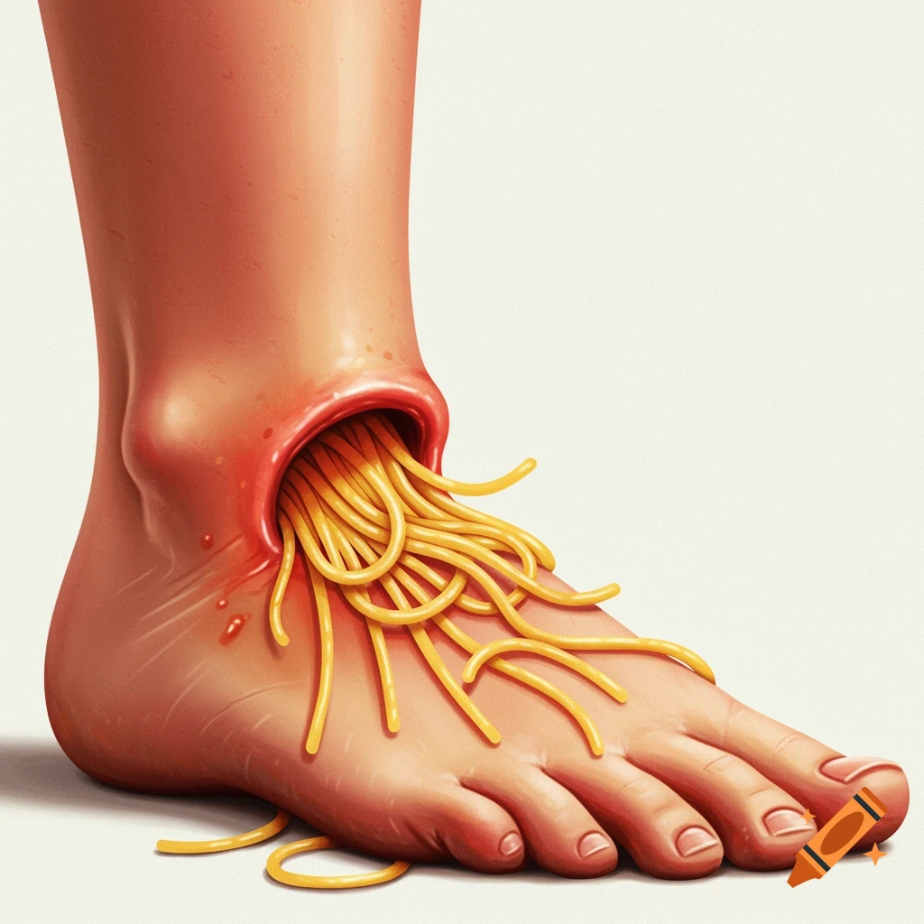 A human foot with spaghetti emerging from an opening in the ankle, surrealist style.