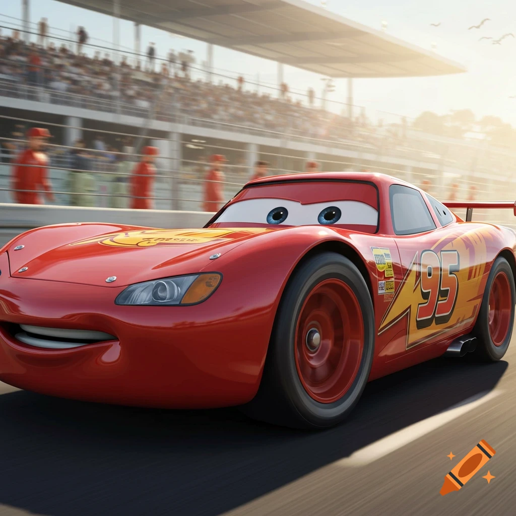 Red cartoon racecar with number 95 racing on a sunny track.