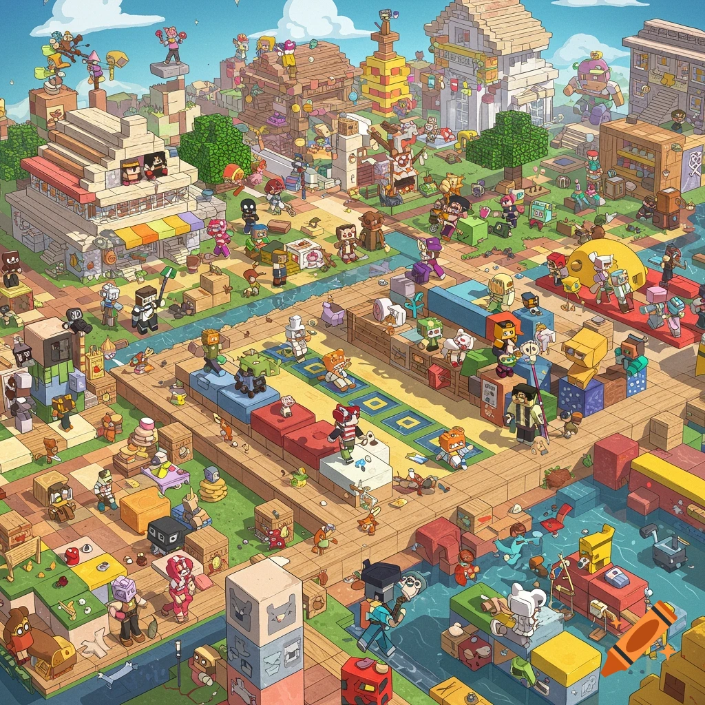 A crowded Minecraft-style town or marketplace with many blocky characters and buildings.