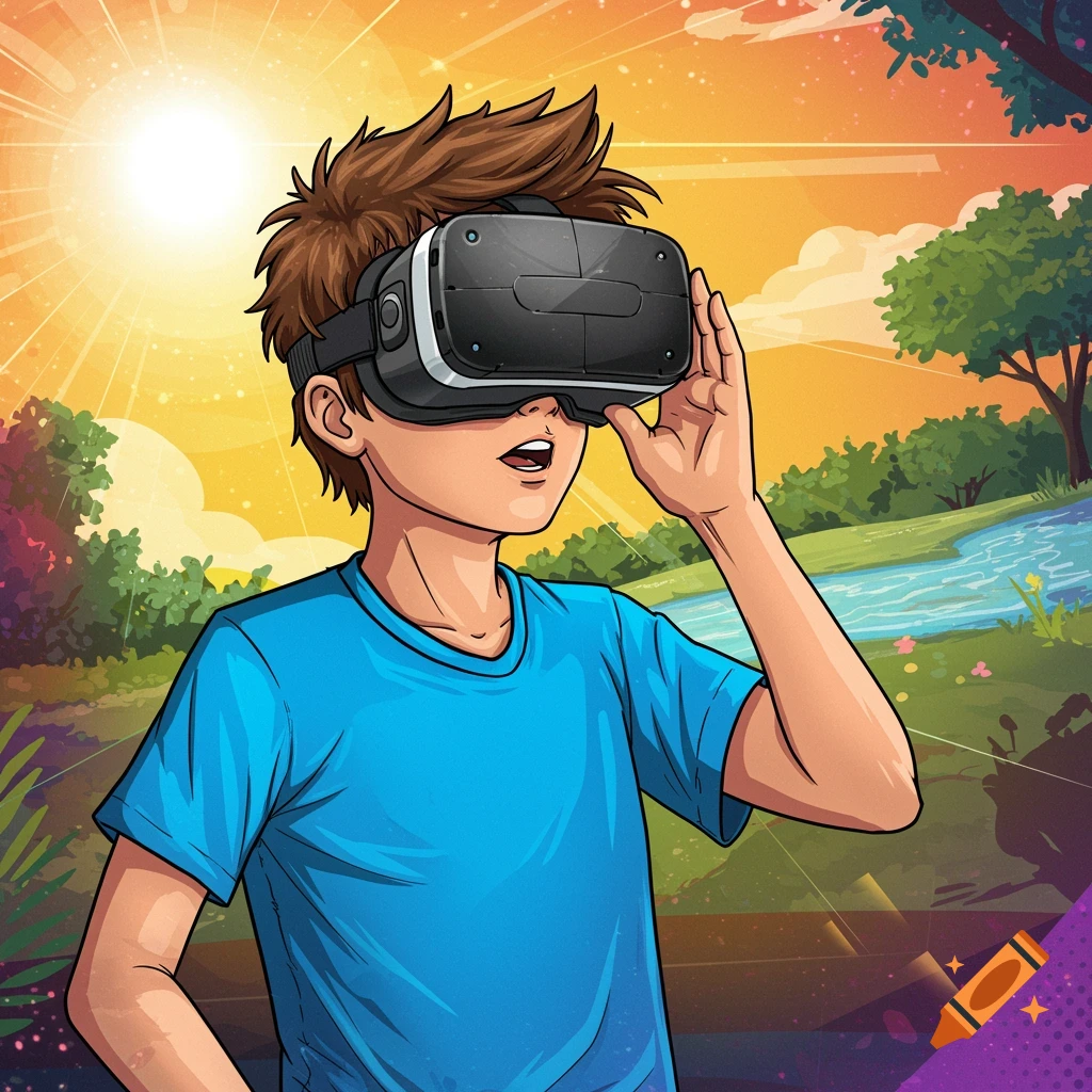 Illustration of a boy wearing a VR headset in a vibrant outdoor setting