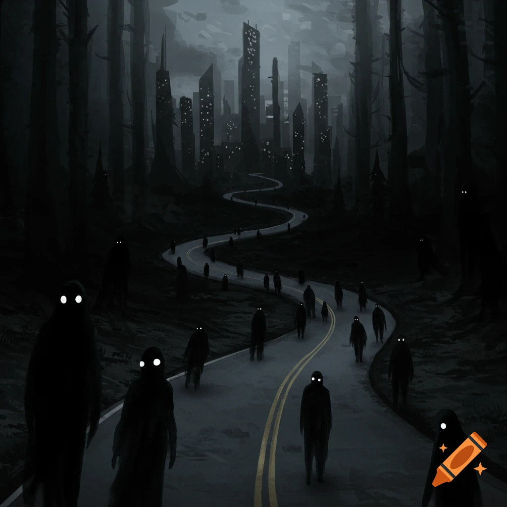 Shadow figures walk on a road through a dark forest towards a dimly lit city.