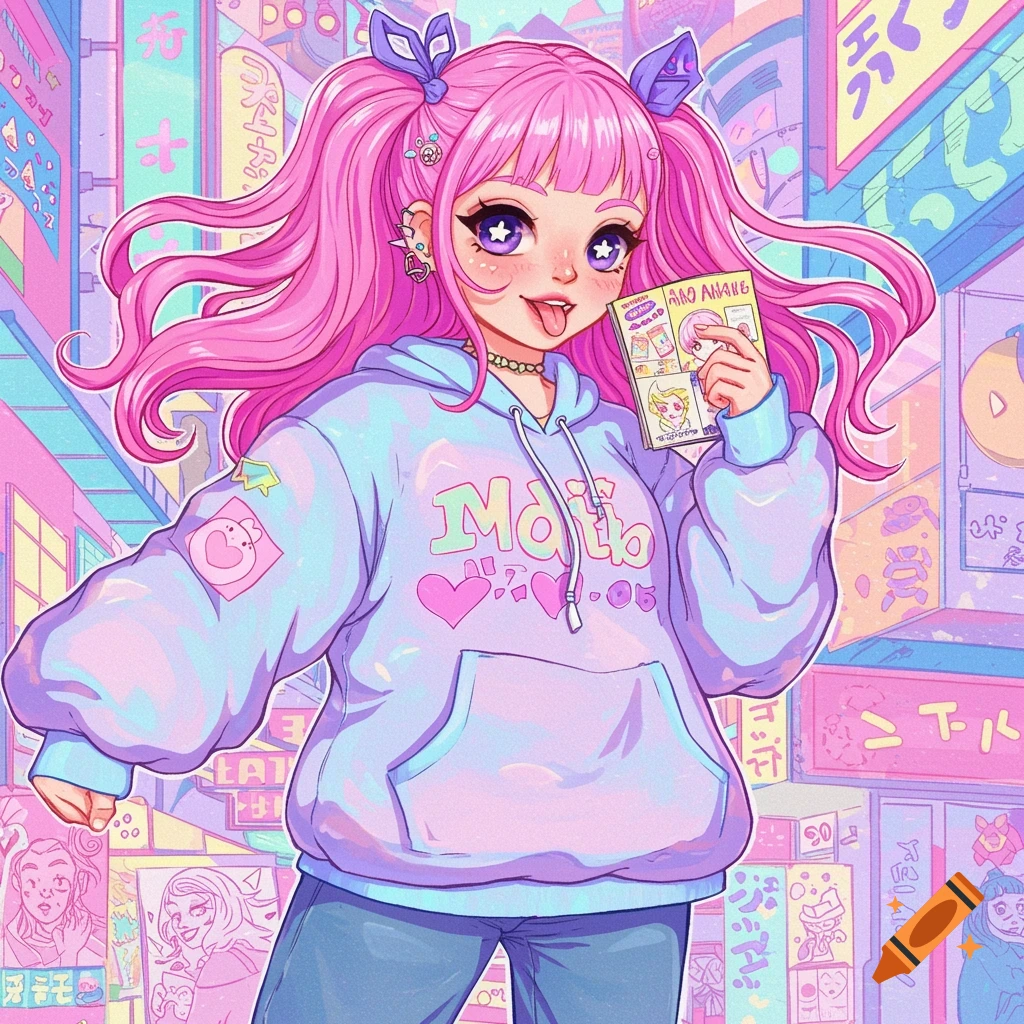 Vibrant anime illustration of a pink-haired girl in a pastel hoodie holding a manga, standing in a colorful Japanese cityscape.