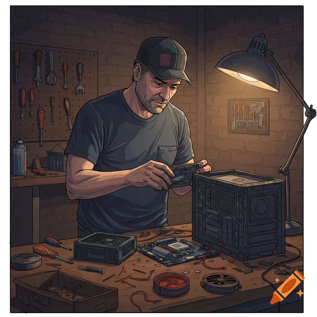 A man building a PC in a workshop.