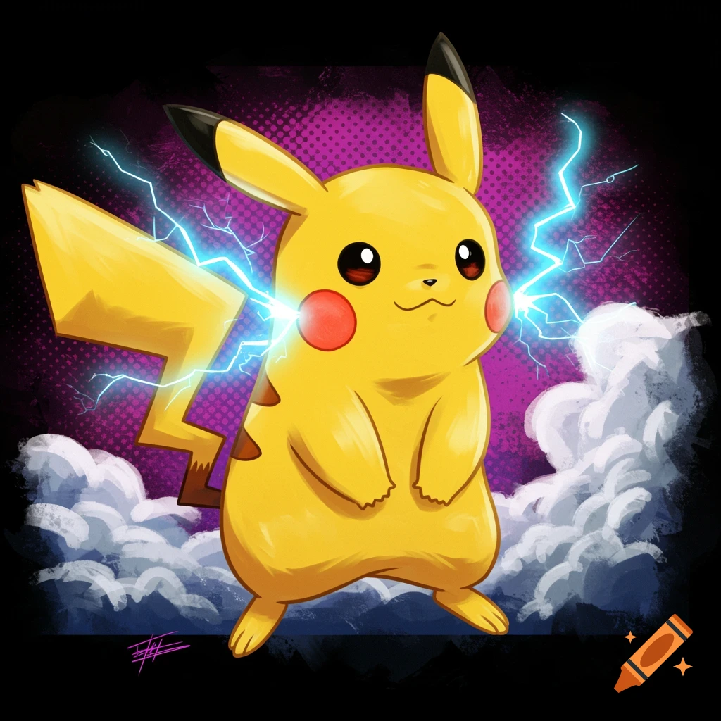 A vibrant image of Pikachu emitting lightning, in a comic-book style against a dynamic background.