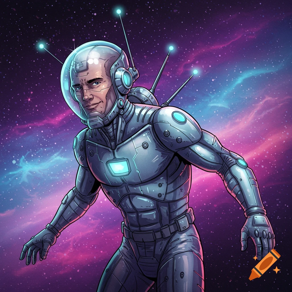 An astronaut in a silver suit floating in a colorful galaxy.