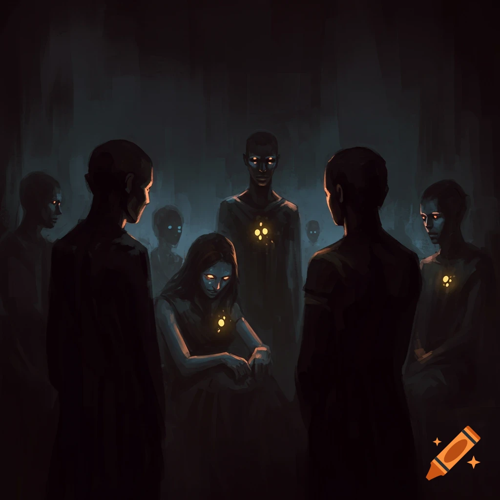Shadowy figures with glowing eyes and chests in a dark interior.