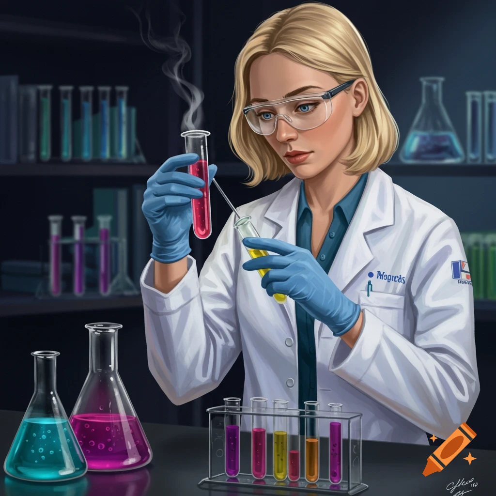A blonde woman scientist in a lab coat and safety goggles mixes chemicals in test tubes.