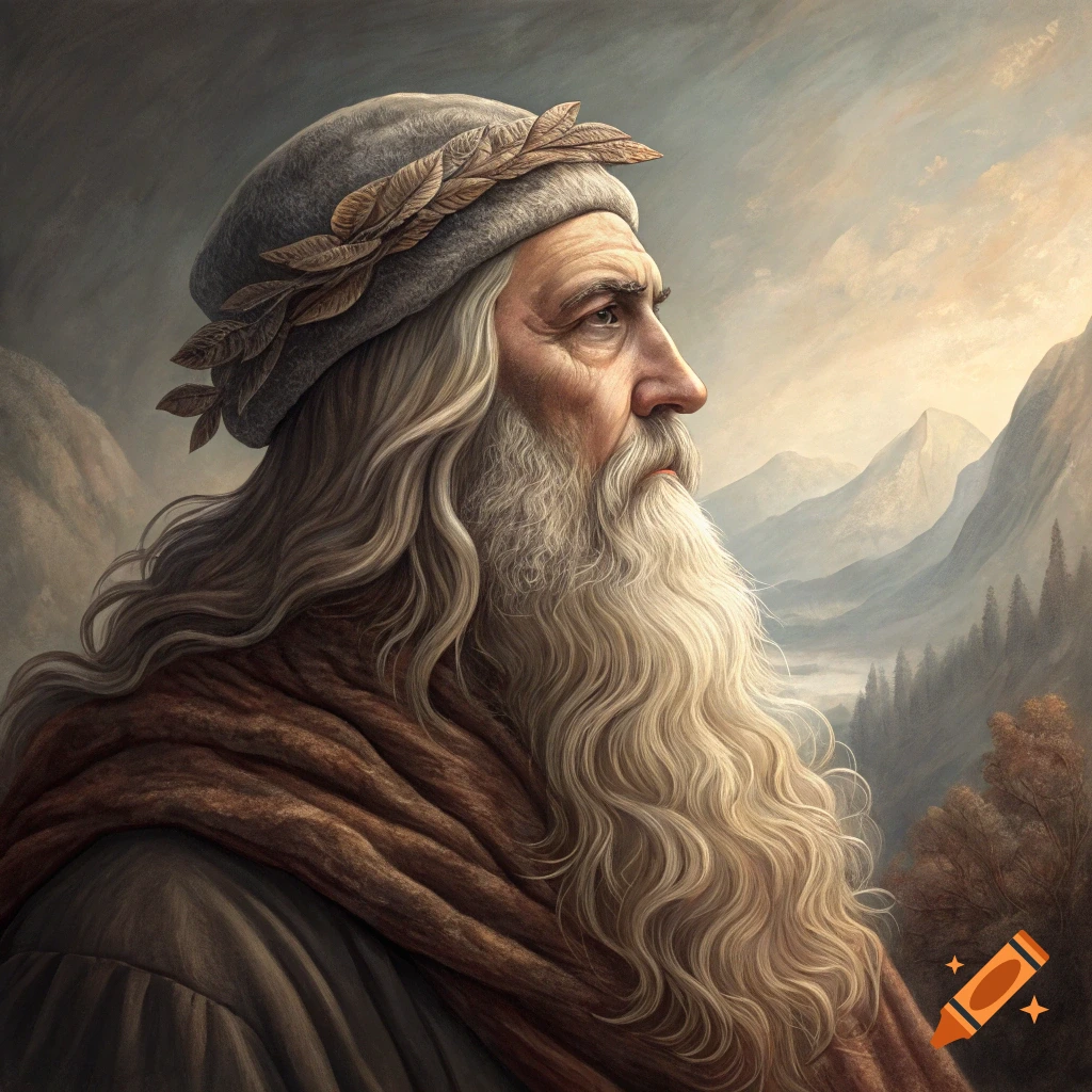 Painting of an old man with long white beard and leaf wreath, looking right, against a misty mountain landscape.