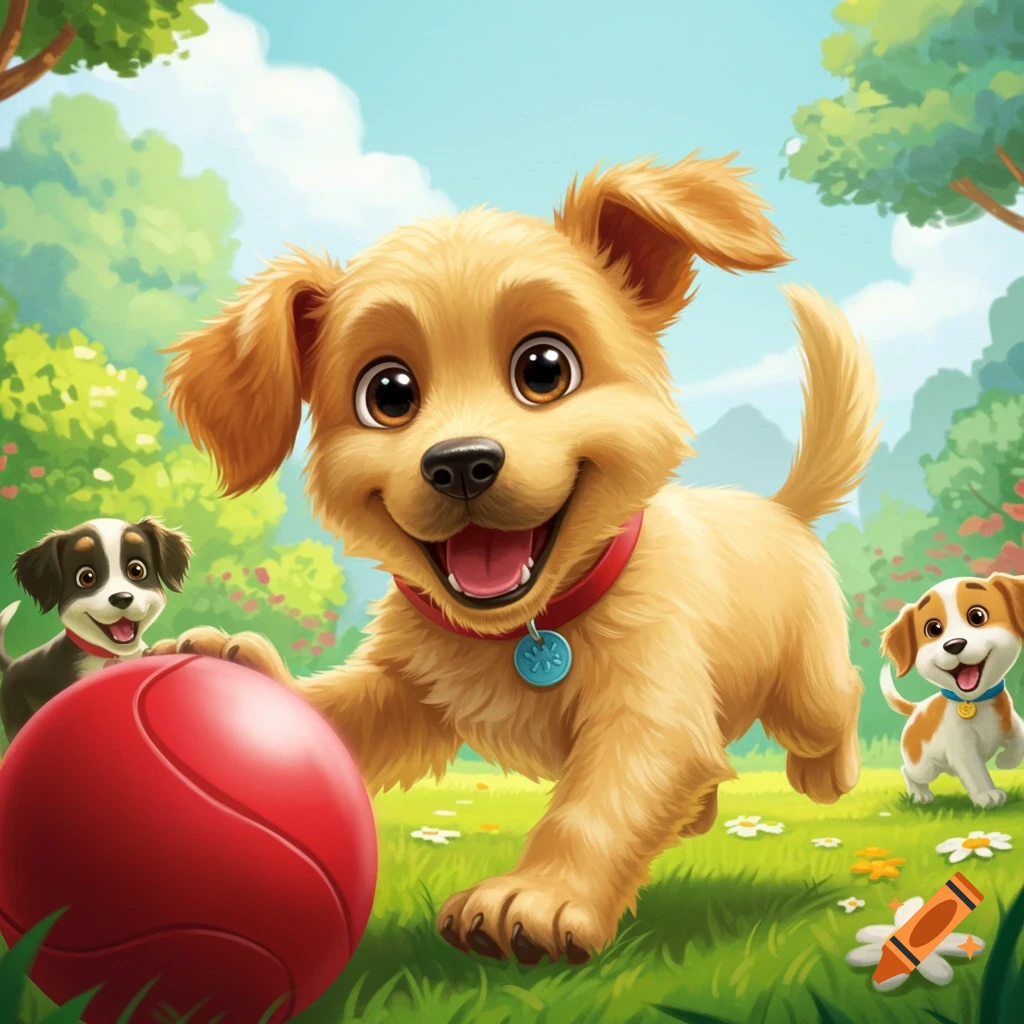 Cartoon puppies playing with a red ball in a park.