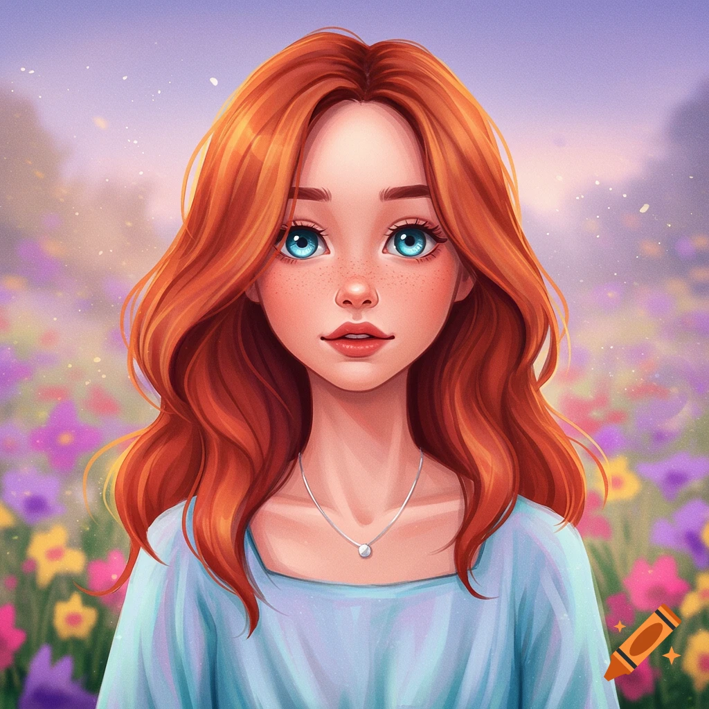 A red-haired girl with blue eyes stands in a flower meadow.