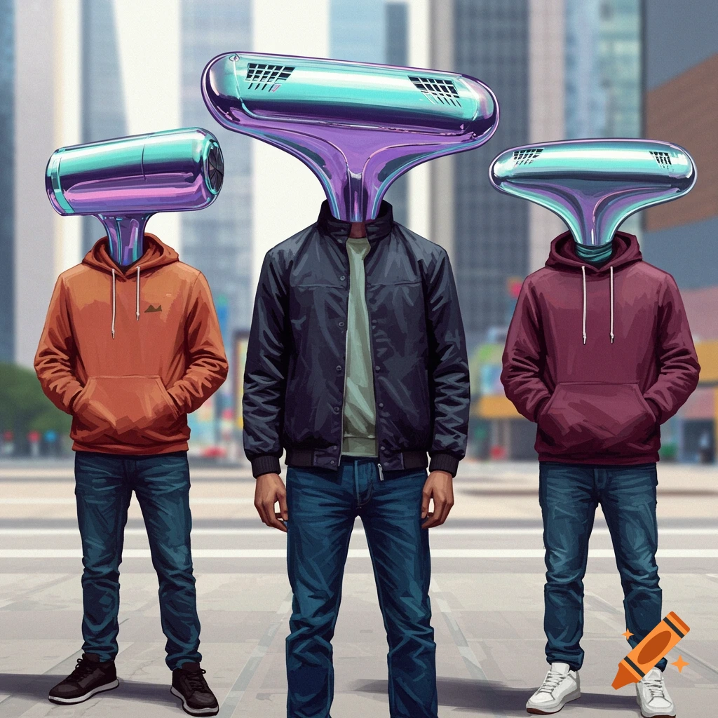 Three men with futuristic, metallic heads stand on a city street.