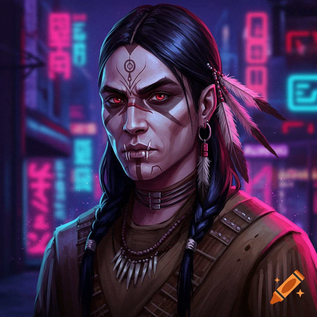 A portrait of a character with face paint, fangs, and braids, set against a neon cyberpunk city background.