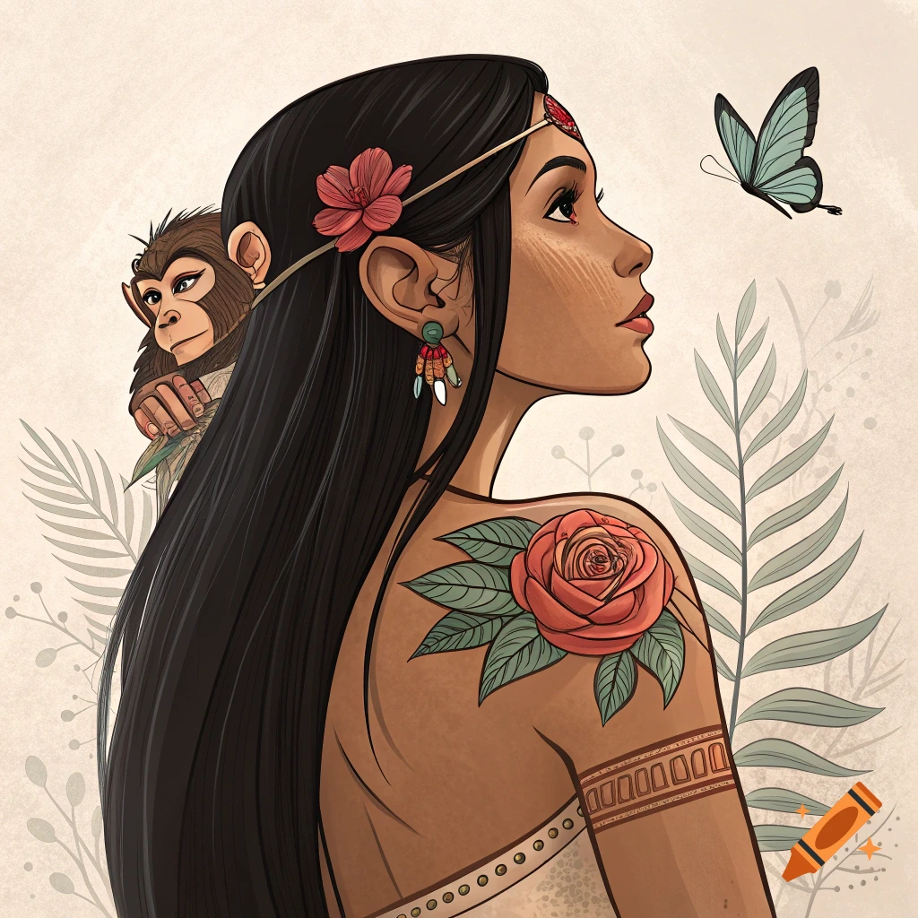 Illustration of a Native American woman with a monkey on her shoulder, a butterfly, and a rose tattoo.