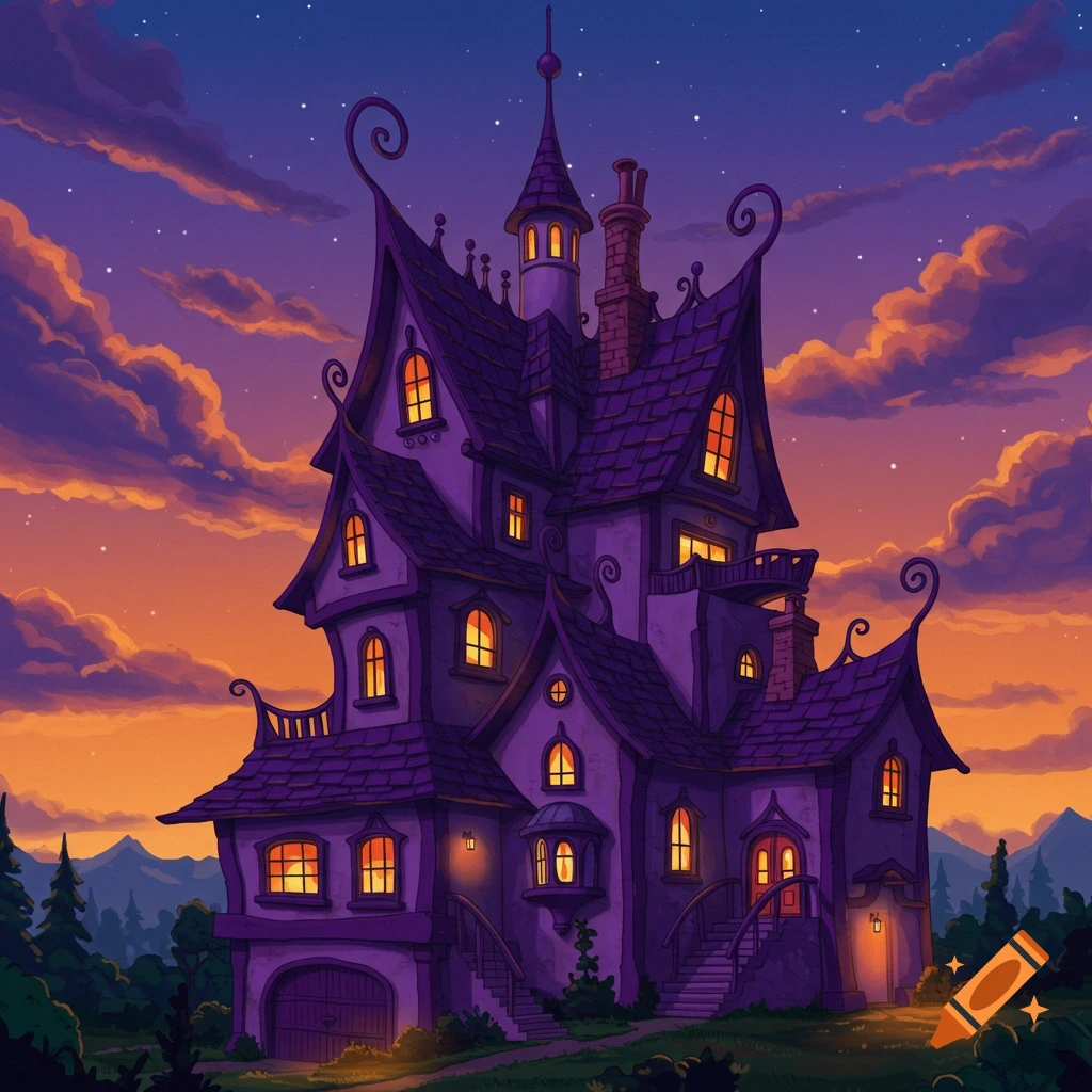 Whimsical purple house with glowing windows at sunset