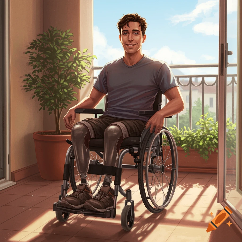 A smiling man with prosthetic legs is sitting in a wheelchair on a sunny balcony.