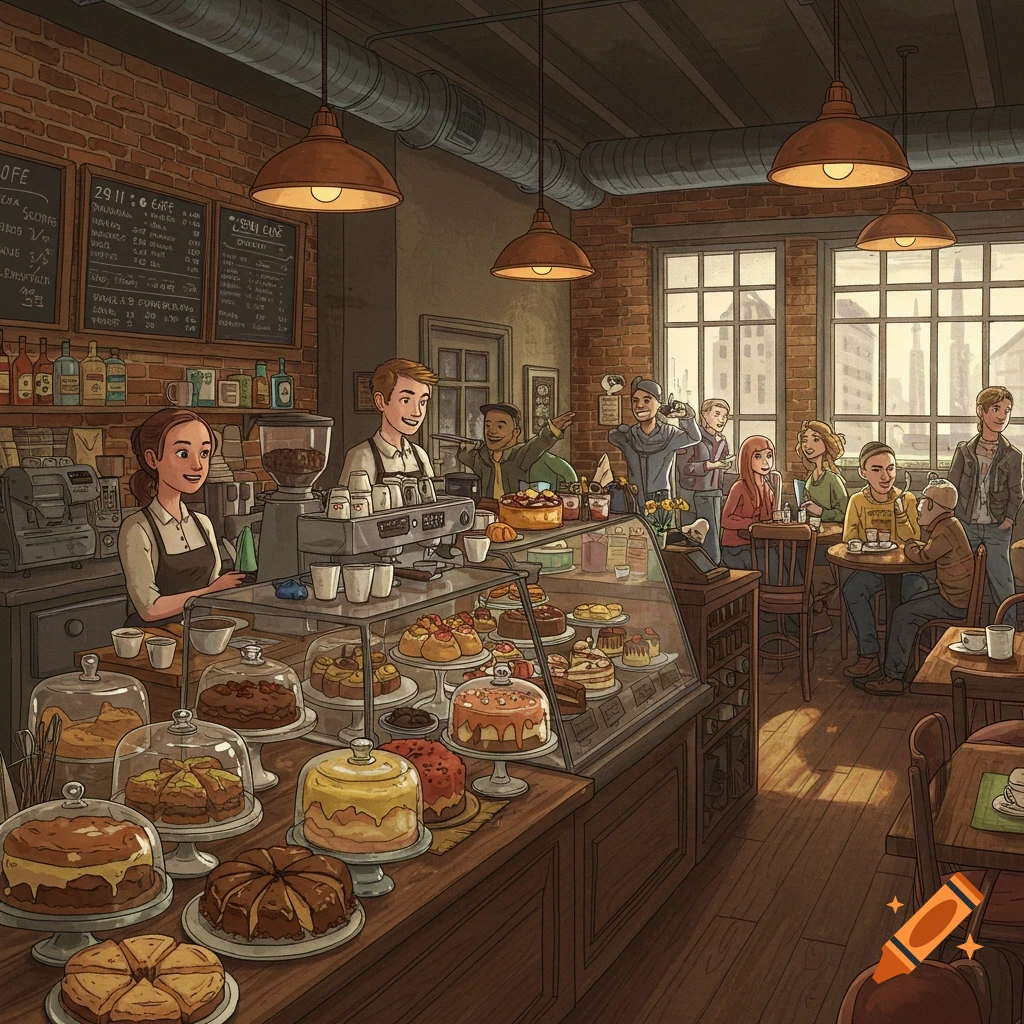 A detailed scene of a bustling cafe interior with customers, baristas, a display counter full of cakes, and large windows.