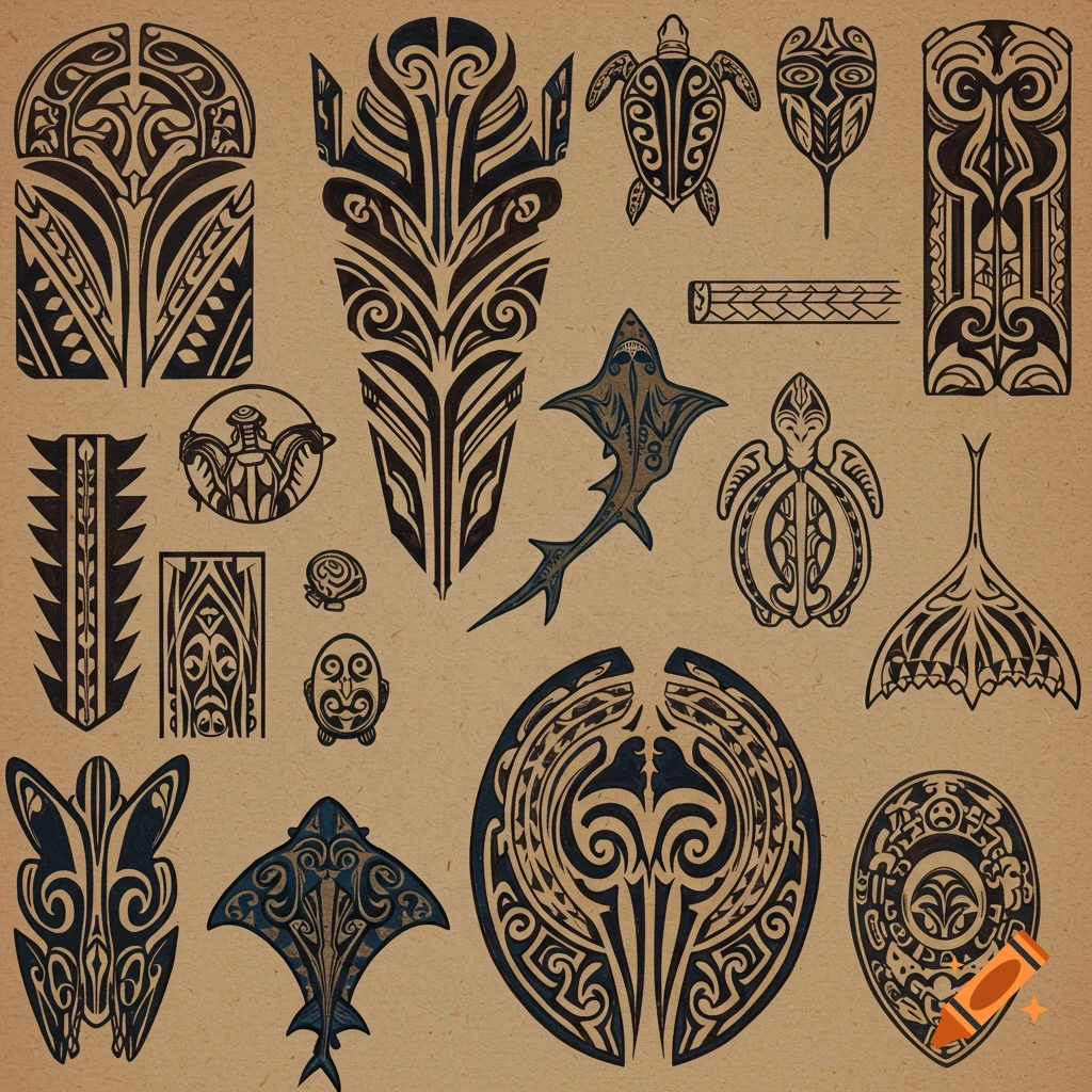 Various dark tribal tattoo designs, including turtles, a shark, and abstract patterns, on a brown background.