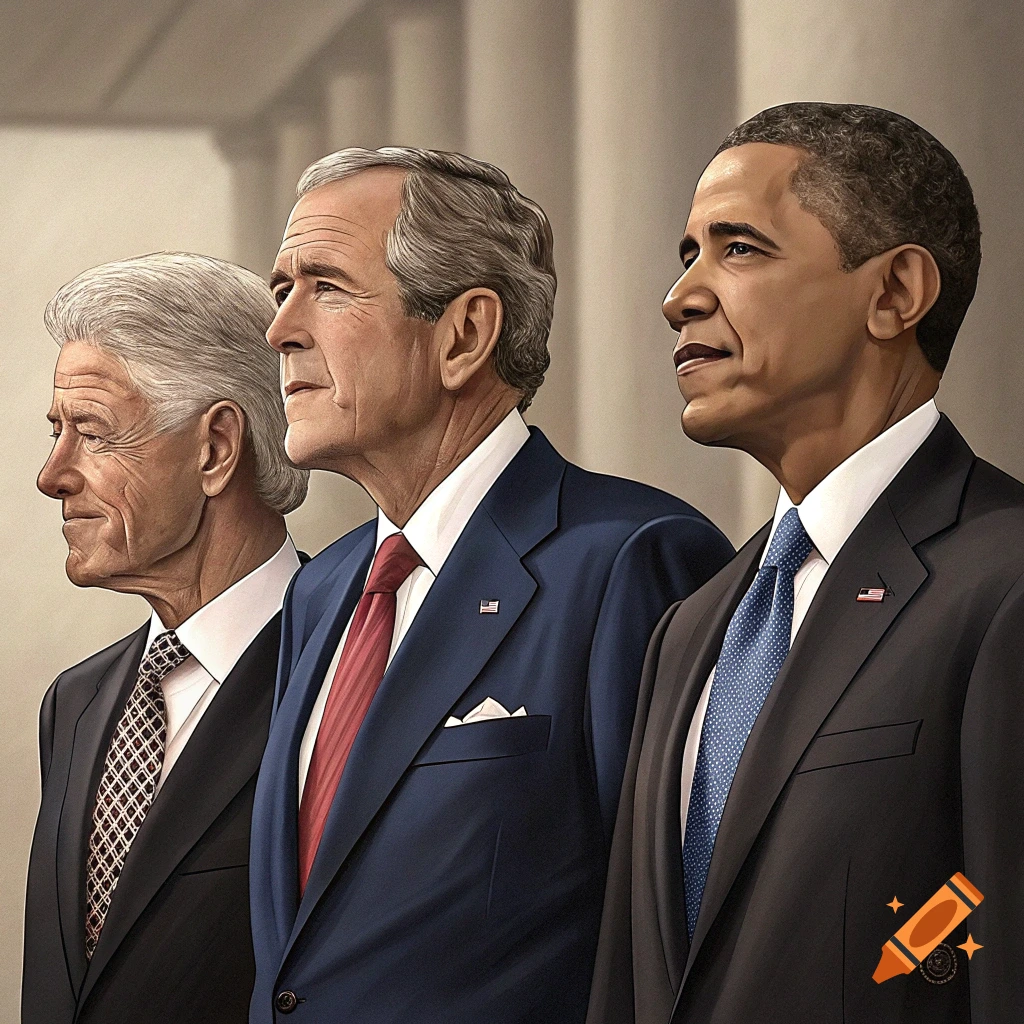 Portraits of presidents Bill Clinton, George W. Bush, and Barack Obama in suits.