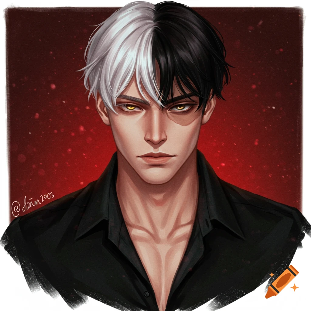 Portrait of a man with split black and white hair and golden eyes wearing a black shirt.