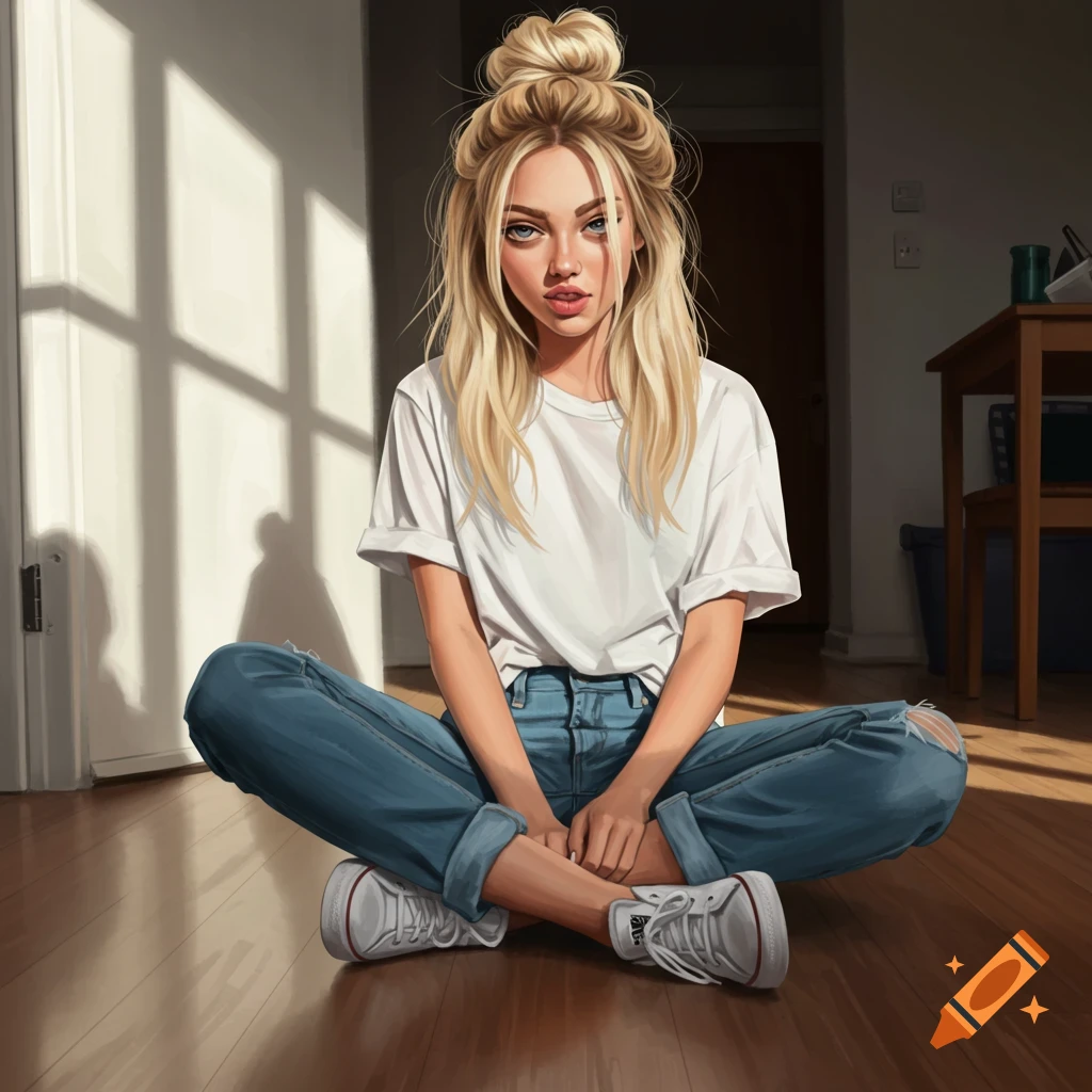 A young blonde woman is sitting on the floor wearing jeans and a t-shirt.