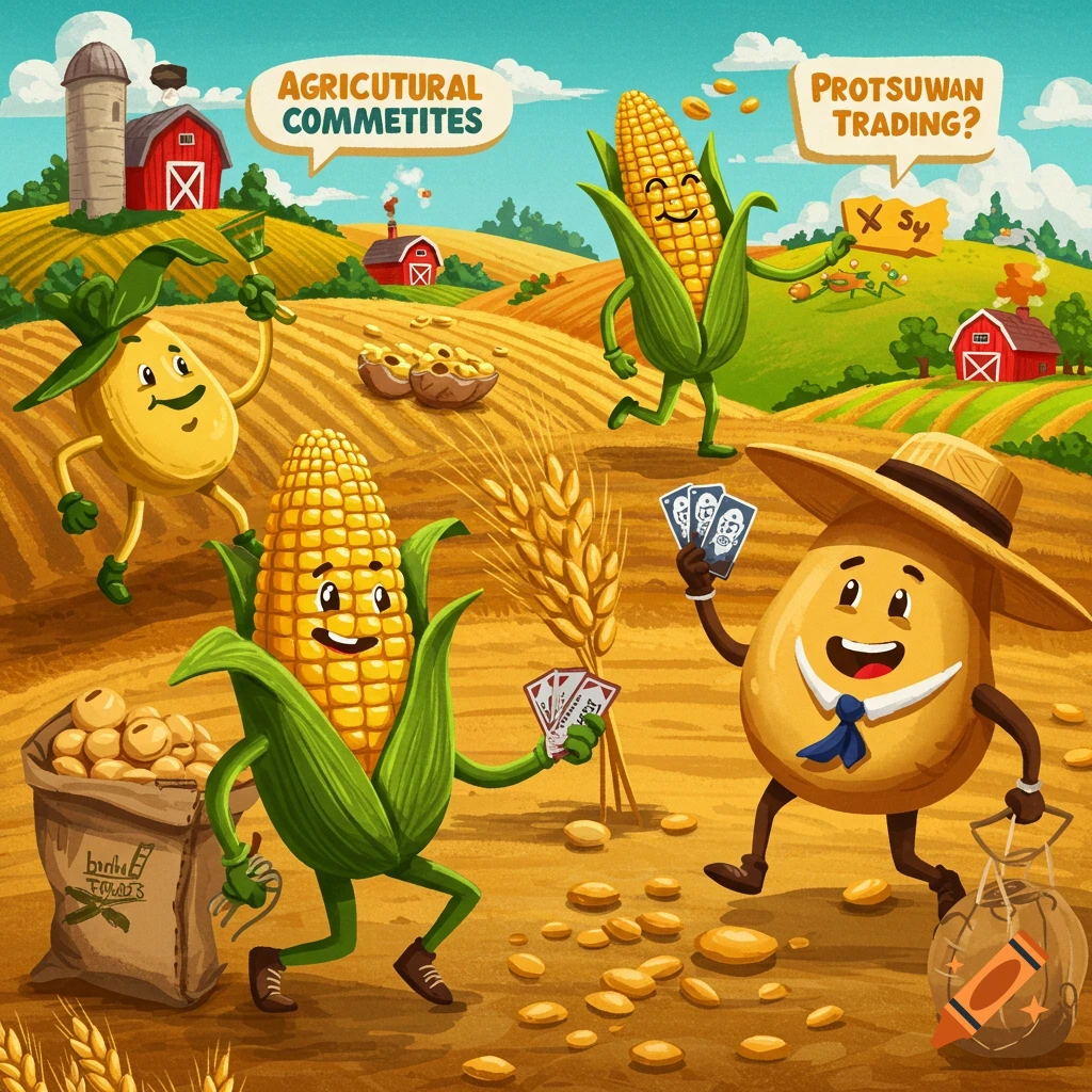 Cartoon characters of corn, potato, and wheat trading cards on a farm with red barns and silos.