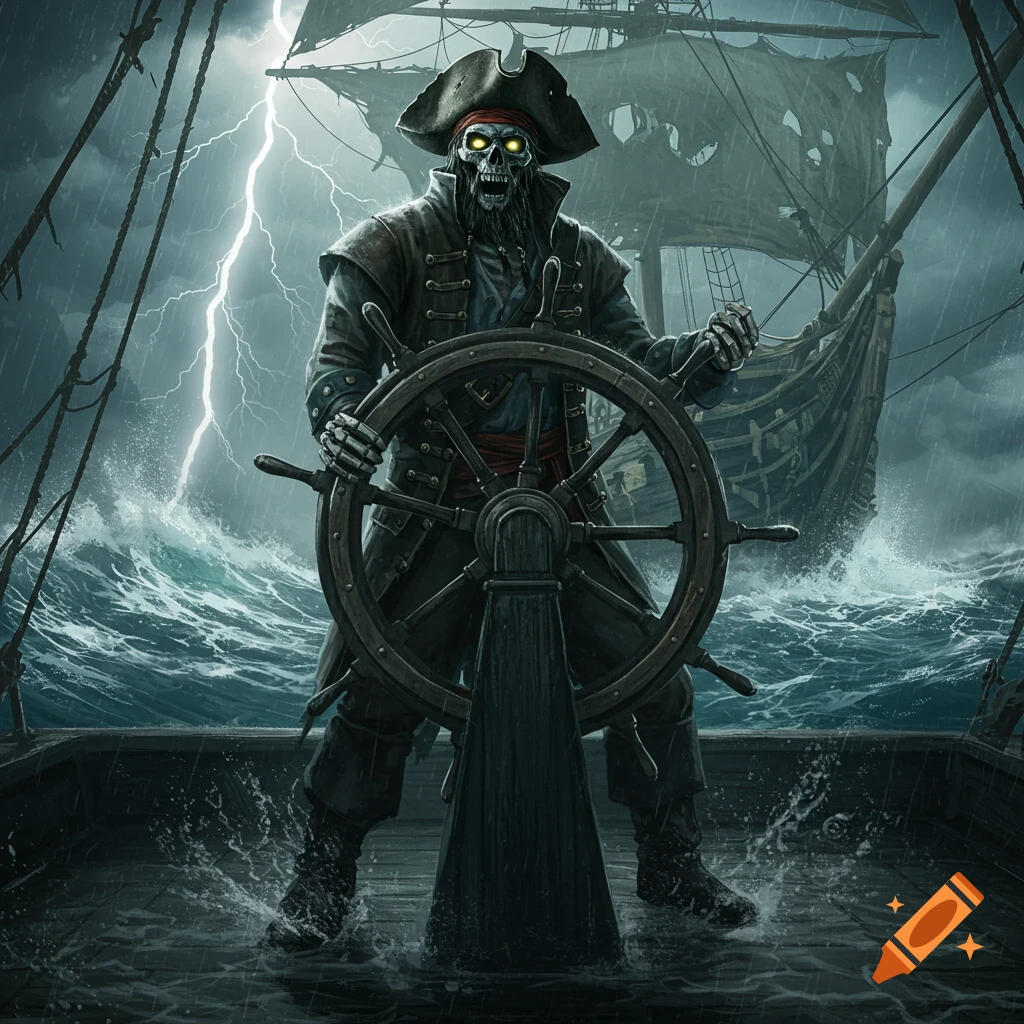 A skeleton pirate captain steering a ship in a stormy sea with lightning.