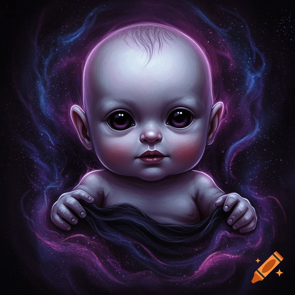 A cherubic baby with large eyes is surrounded by purple and blue cosmic energy on a dark background.