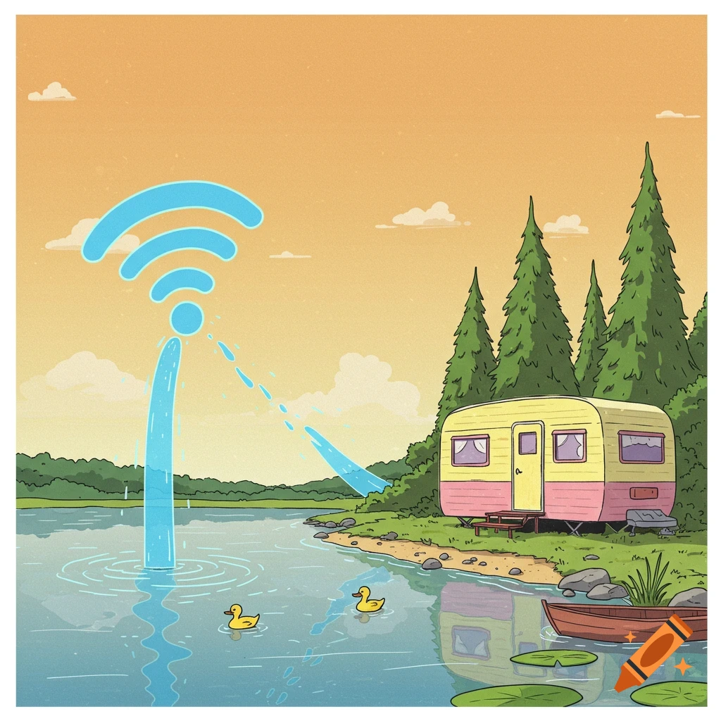 Cartoon illustration of a WiFi signal rising from a lake and reaching a trailer parked on the shore near trees, with ducks in the water.