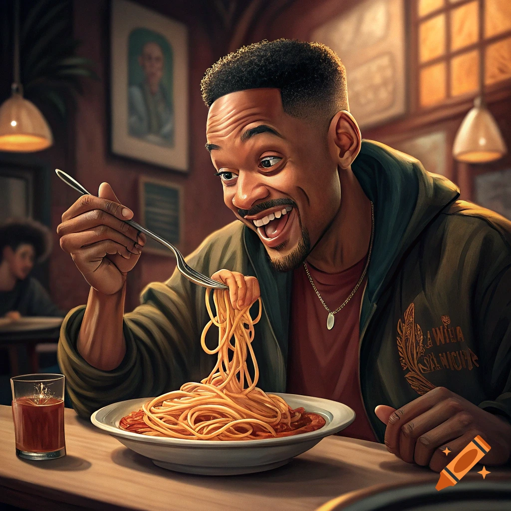 Will Smith smiles while eating a large forkful of spaghetti in a restaurant.
