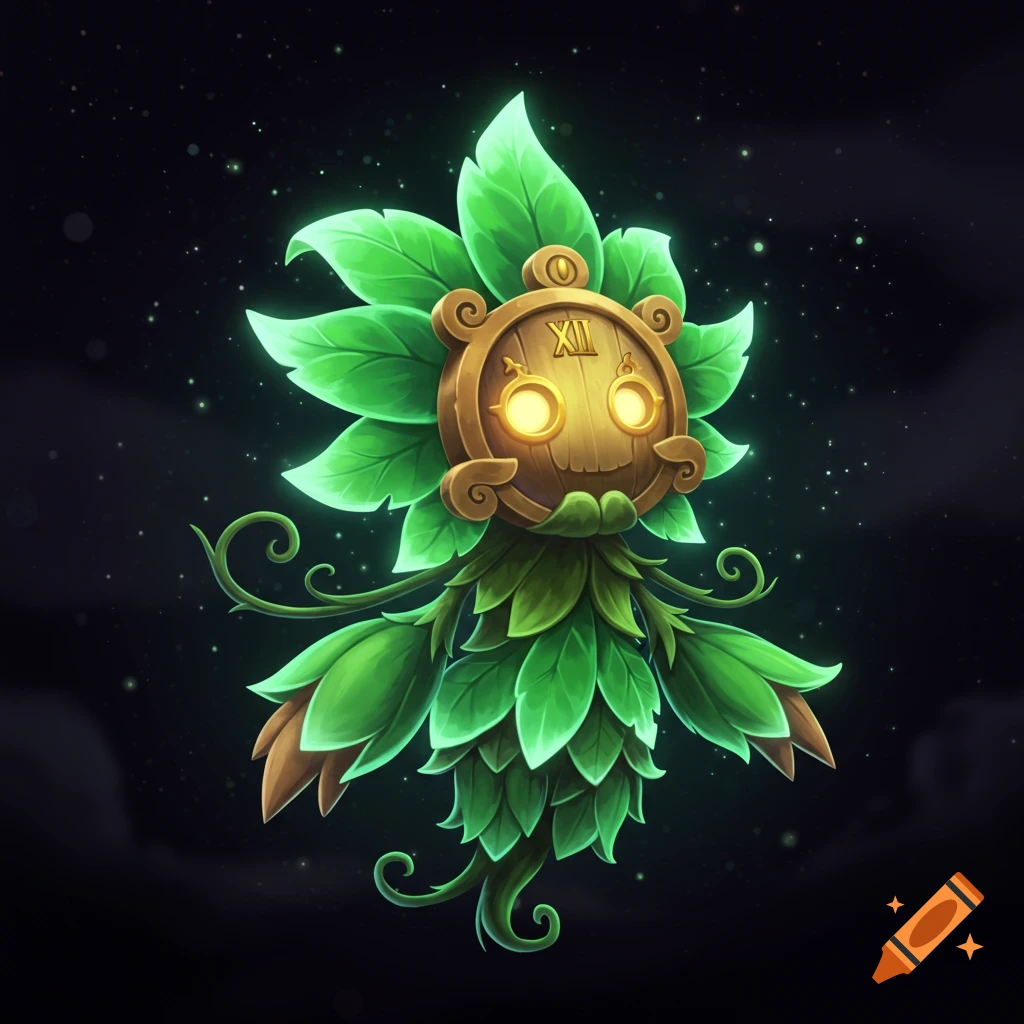 A stylized fantasy creature with a wooden clock face head and a body made of green leaves.