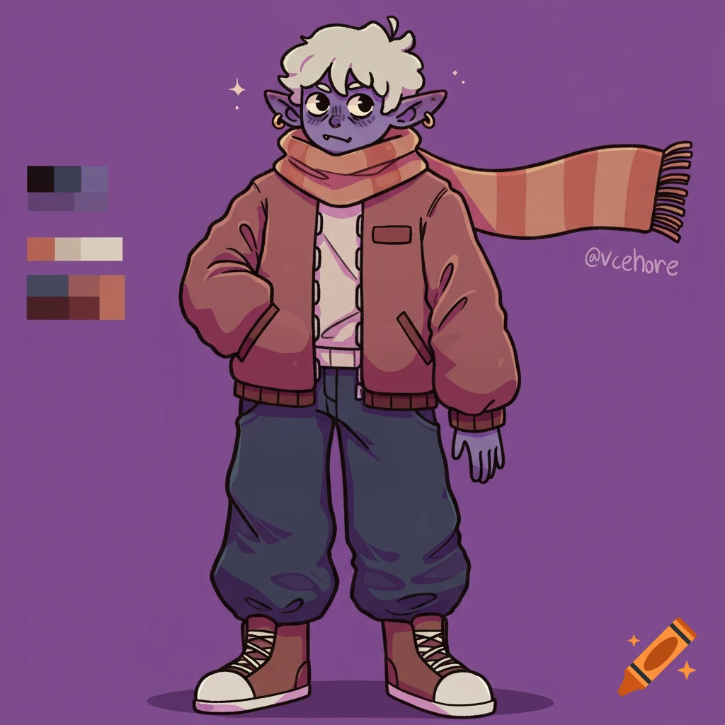 Cartoon illustration of a purple-skinned character with white curly hair, wearing a red jacket and scarf.