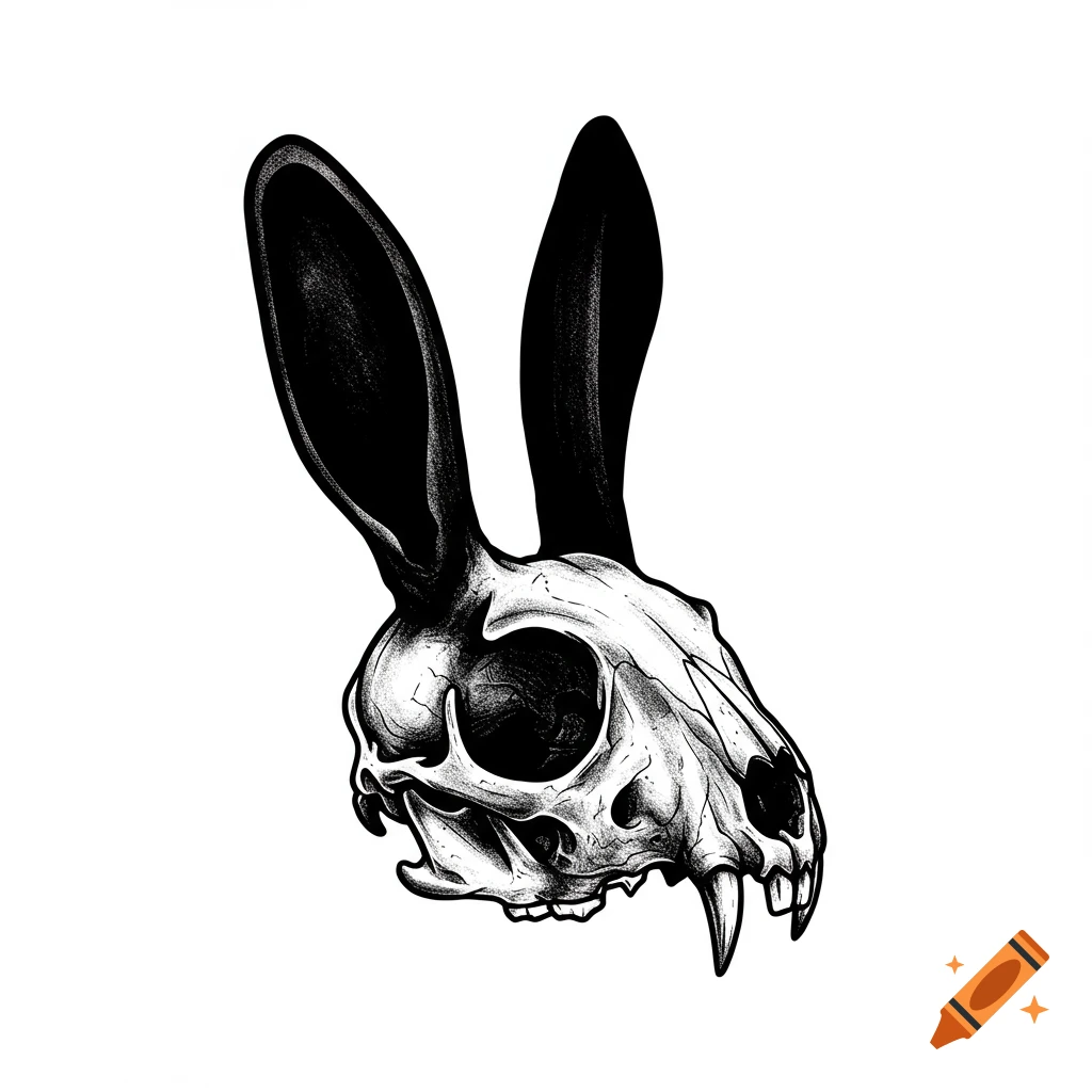Black and white illustration of a rabbit skull with ears.